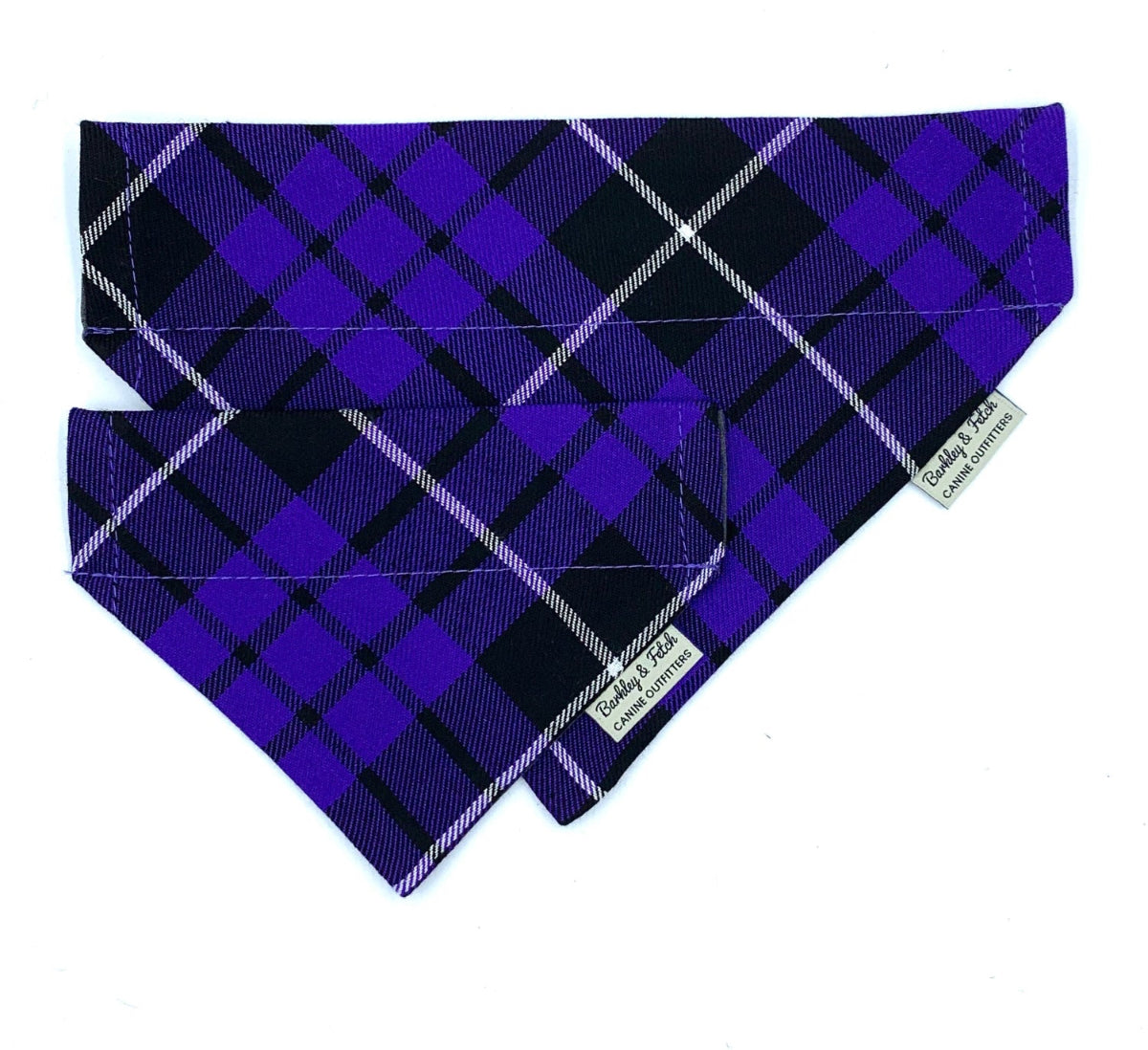 Purple plaid bandana with a brand tag on a white background