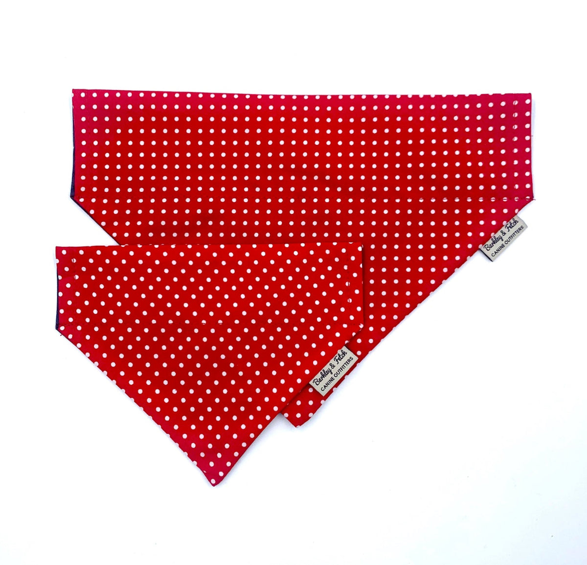 Red polka dot bandana with a brand tag on a white background