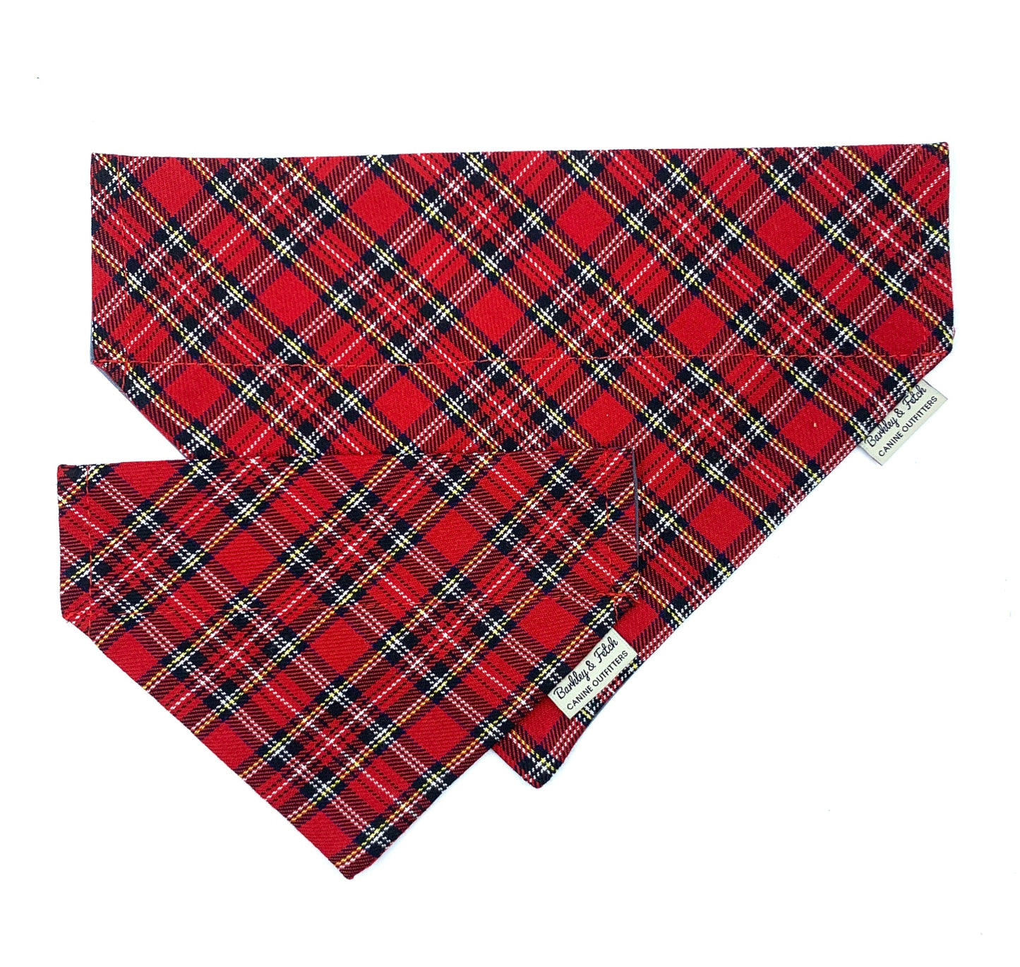 Red plaid bandana with a brand label on a white background