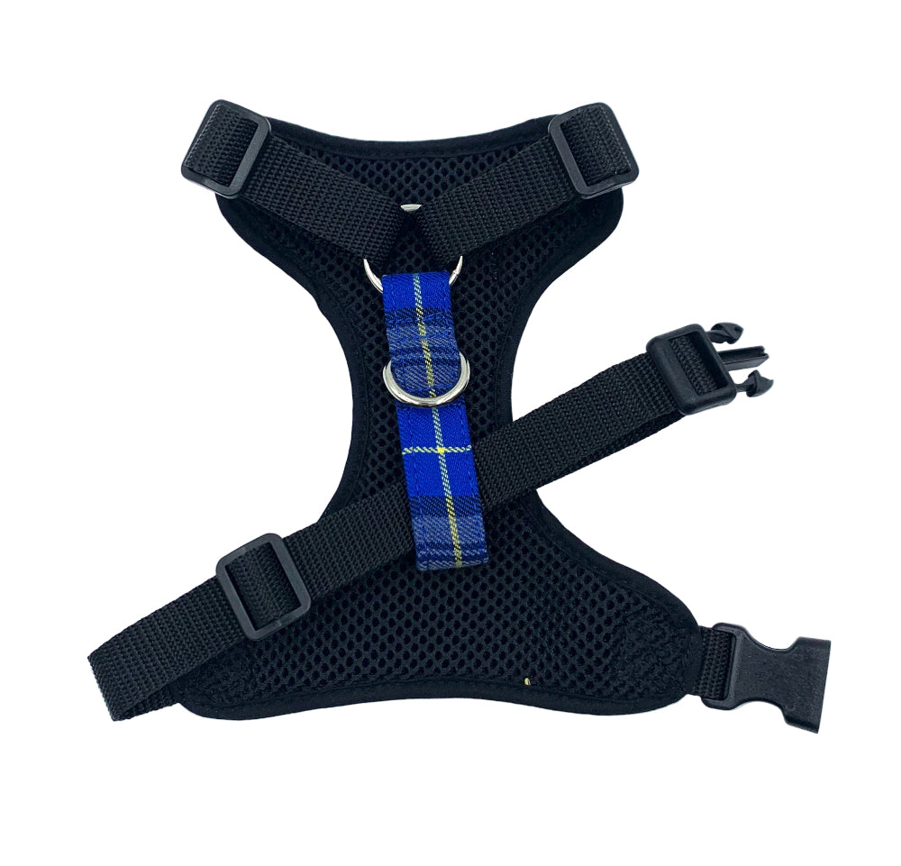 royal blue tartan dog harness inside. on white background. Handmade in the Uk by Barkley and Fetch