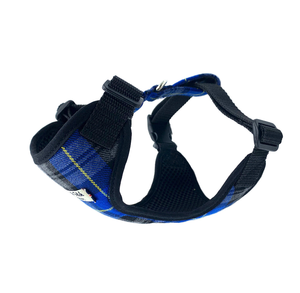 royal blue tartan dog harness side view on white background. Handmade in the Uk by Barkley and Fetch