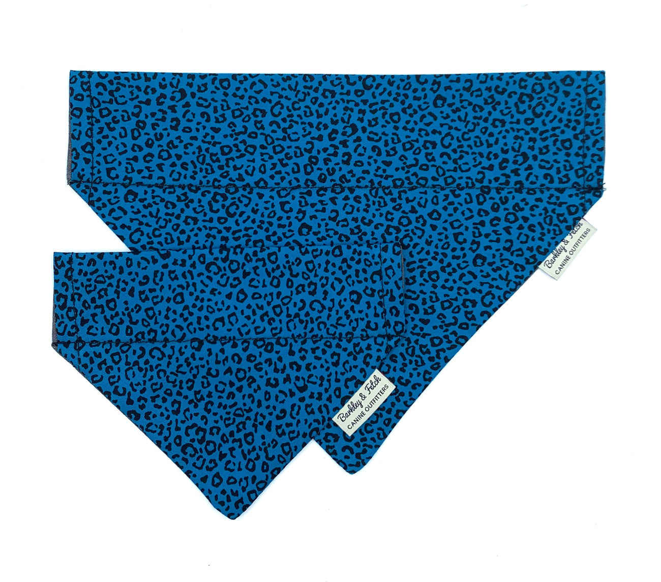 Blue leopard print bandana with a visible brand label on a white background