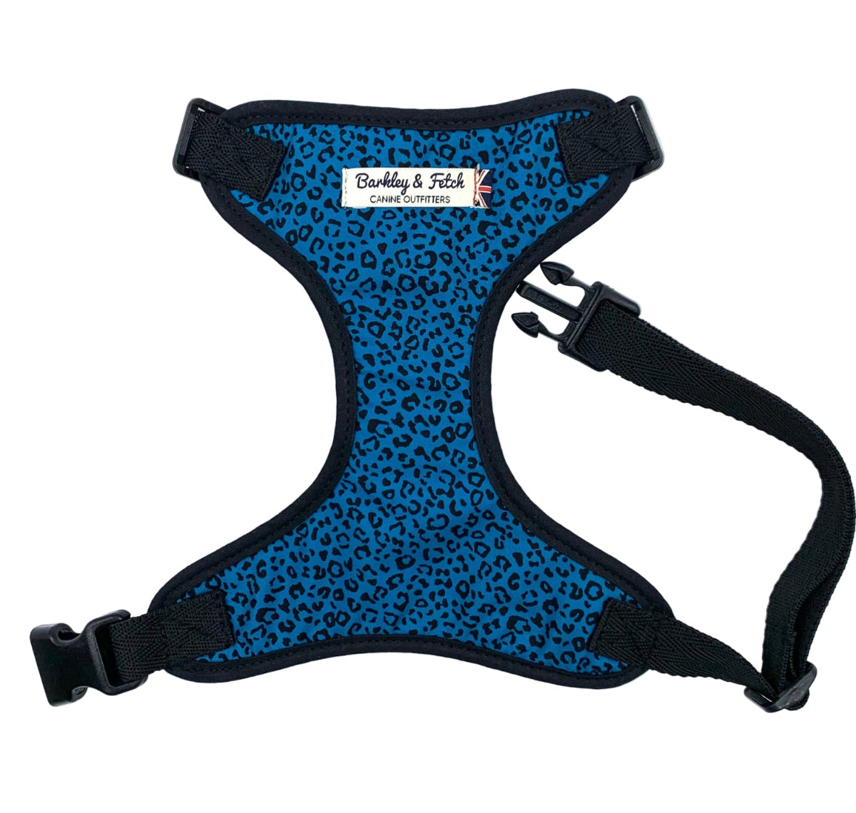 A teal leopard print dog harness with adjustable straps and a welded heavy duty d-ring.  Handmade in UK by Barkley and Fetch