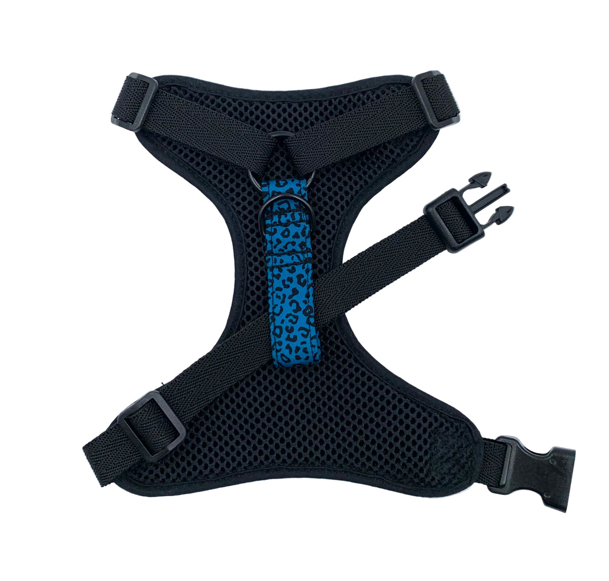 Black dog harness with blue pattern on a white background  Handmade in UK by Barkley and Fetch
