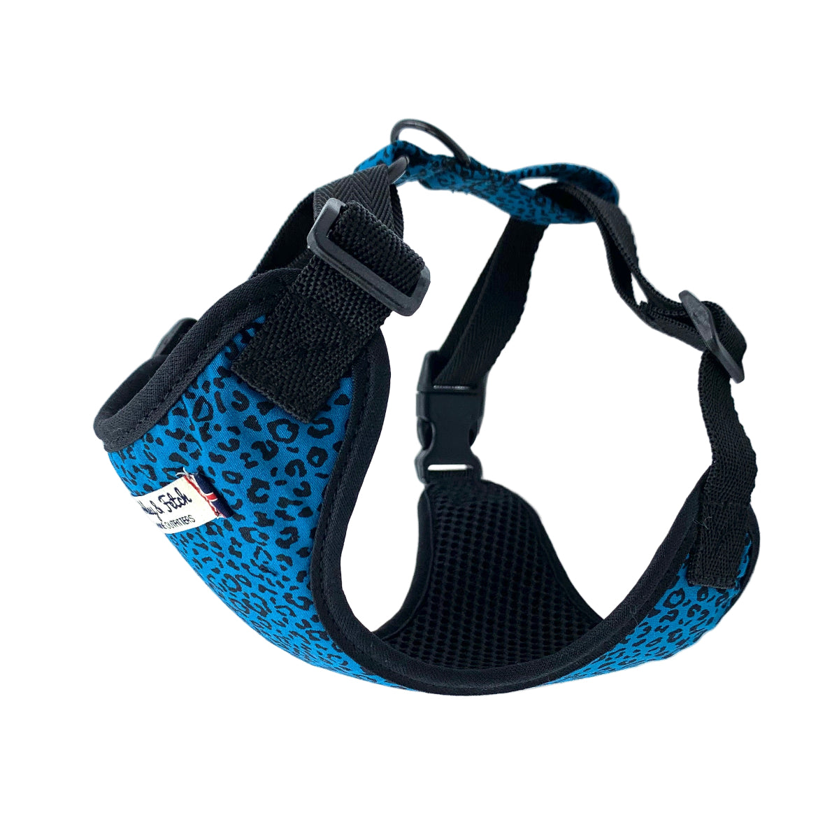 Blue dog harness with black leopard print pattern on a white background  Handmade in UK by Barkley and Fetch