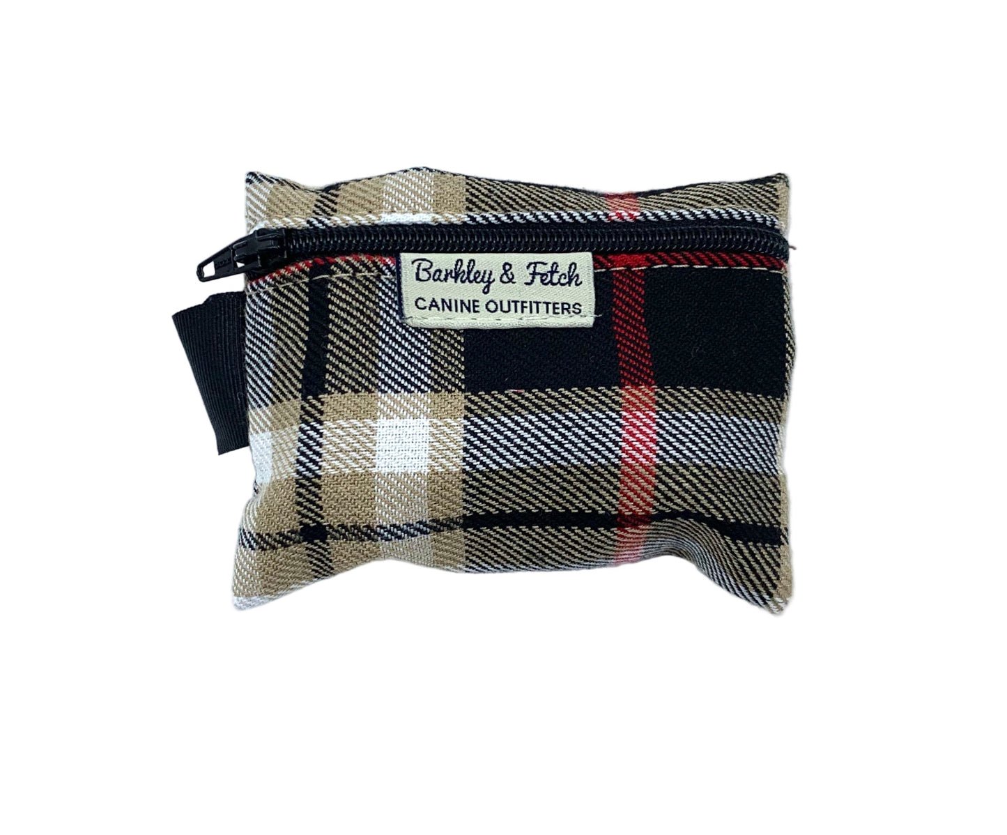 Plaid dog toy with 'Barkley & Fetch' label on a white background