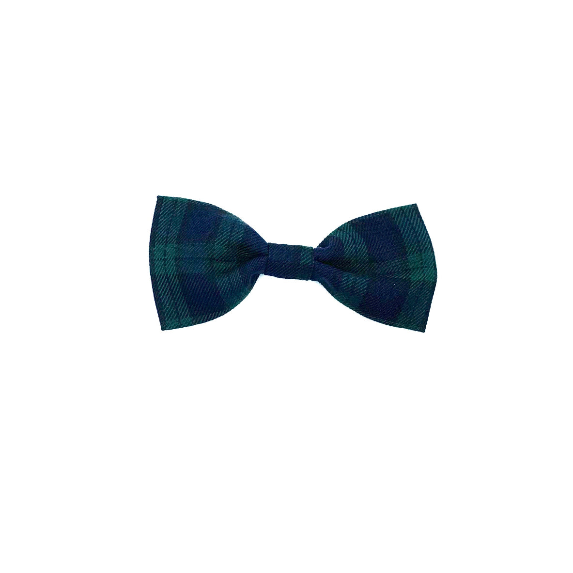 A black watch tartan check dog bowtie against a white background.