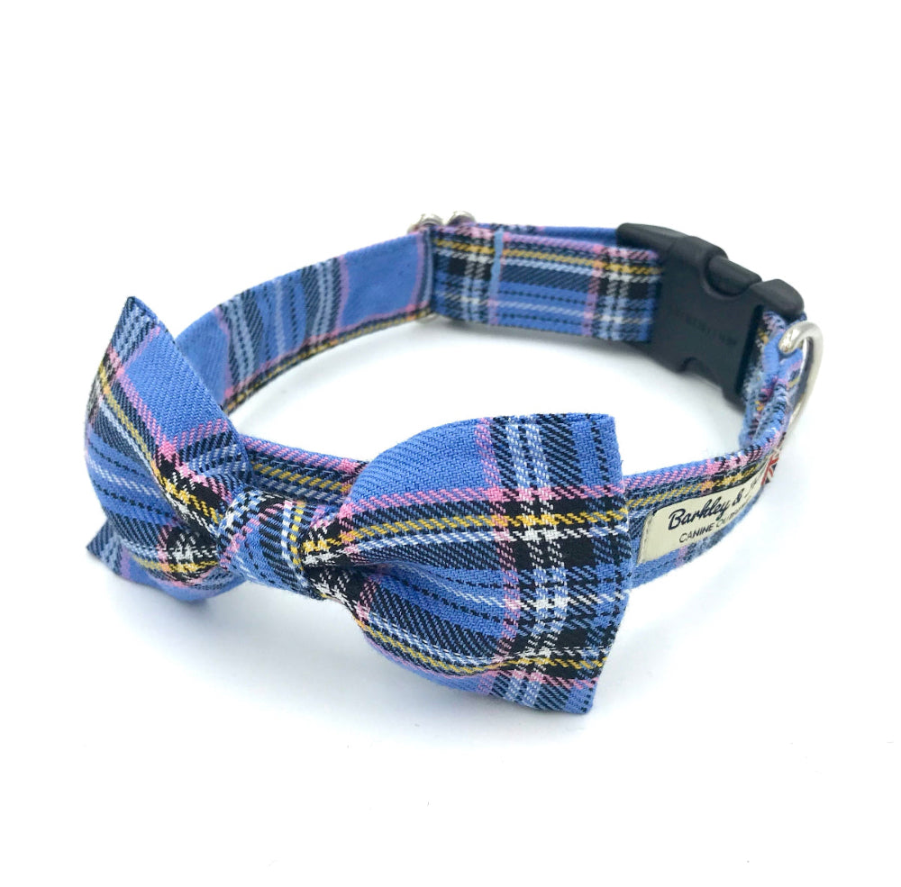 Blue plaid dog collar with a bow tie on a white background.Handmade in the Uk by Barkley and Fetch