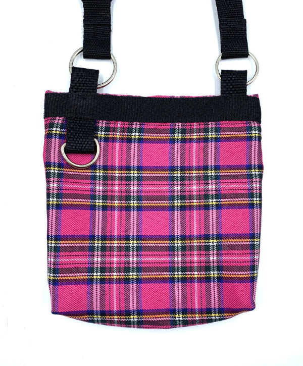 pink tartan dog walking bag back view on a white background. Handmade in the Uk by Barkley and Fetch