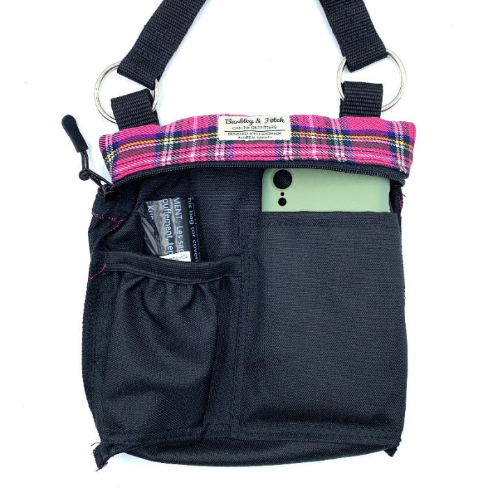 Dog walking bag inside view showing mobile phone pocket and poo bag pocket on a white background. Handmade in the Uk by Barkley and Fetch