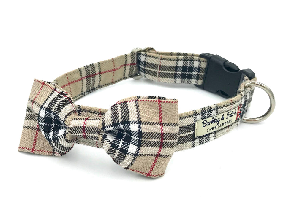 Plaid dog collar with bow tie on a white background. Handmade in the Uk by Barkley and Fetch