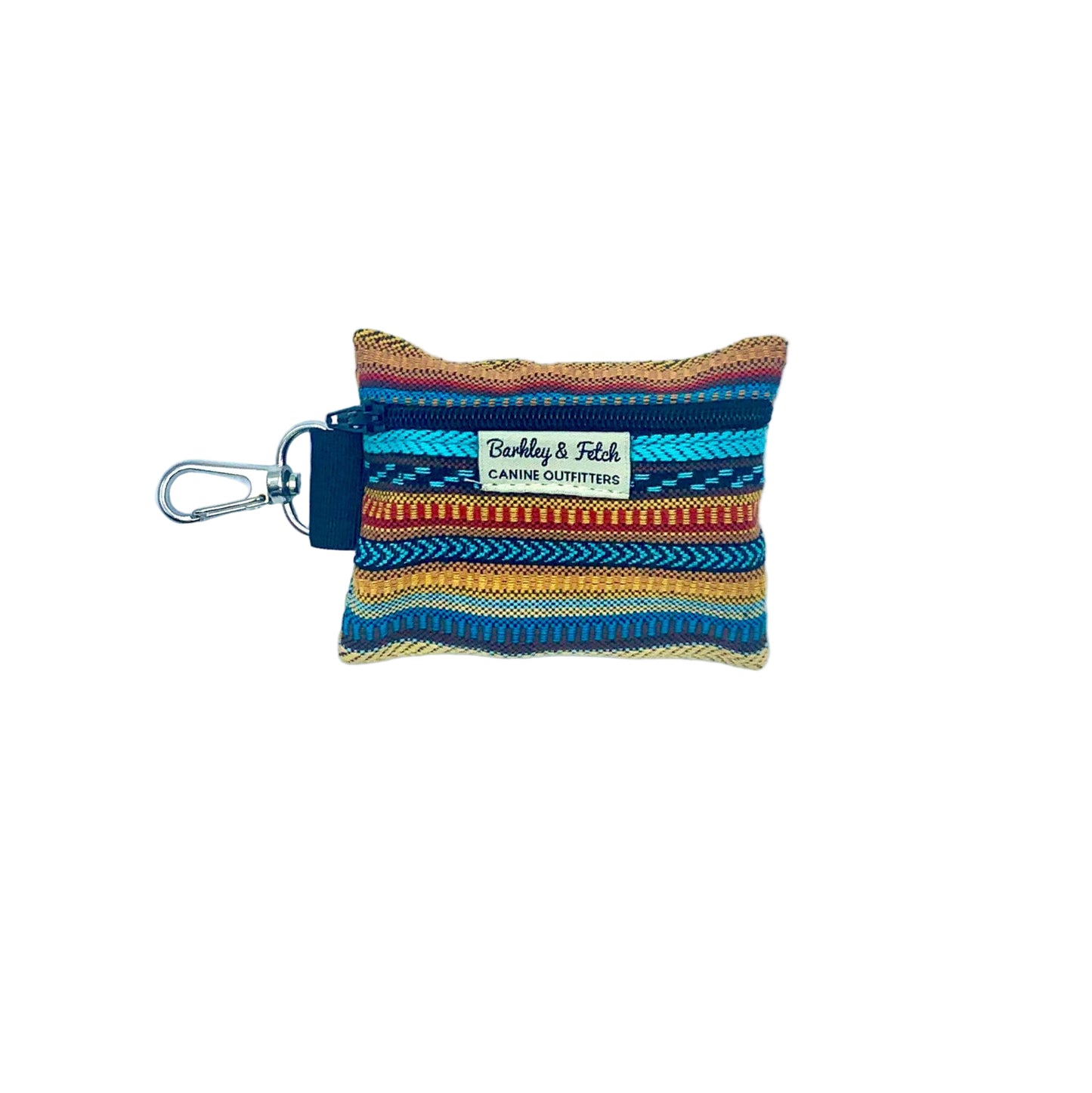 Multicolored striped pouch with a keychain on a white background
