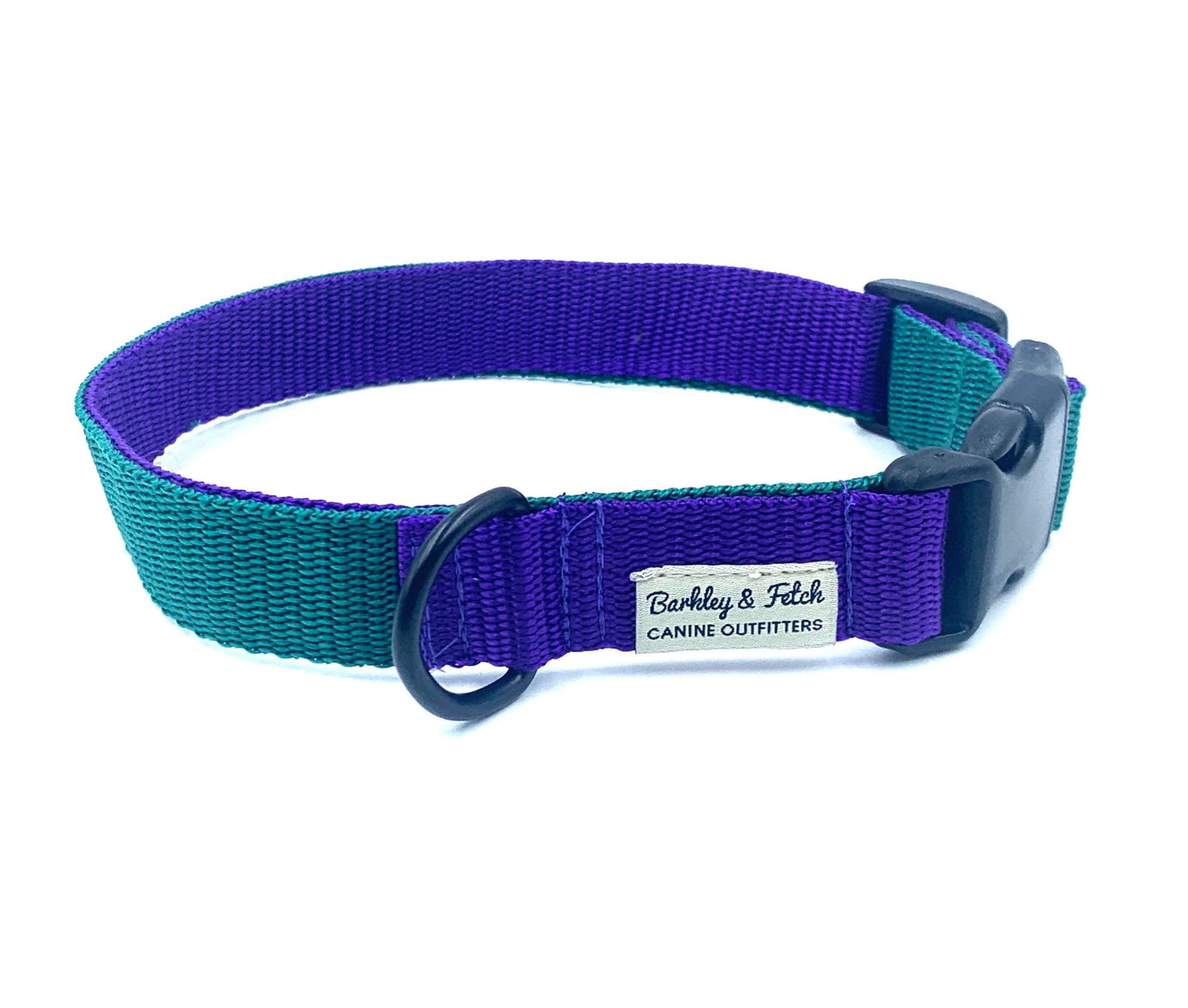 handmade emerald and purple colour block dog collar on a white background