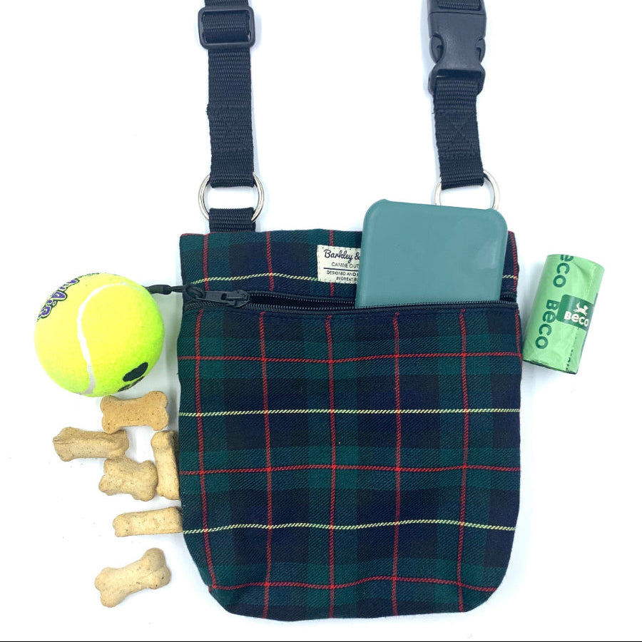 Dog treat pouch with plaid pattern, tennis ball, and dog bones on a white background. Handmade in the Uk by Barkley and Fetch