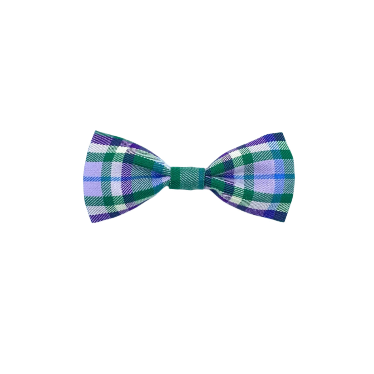Plaid bow tie with green, purple, and white pattern on a white background