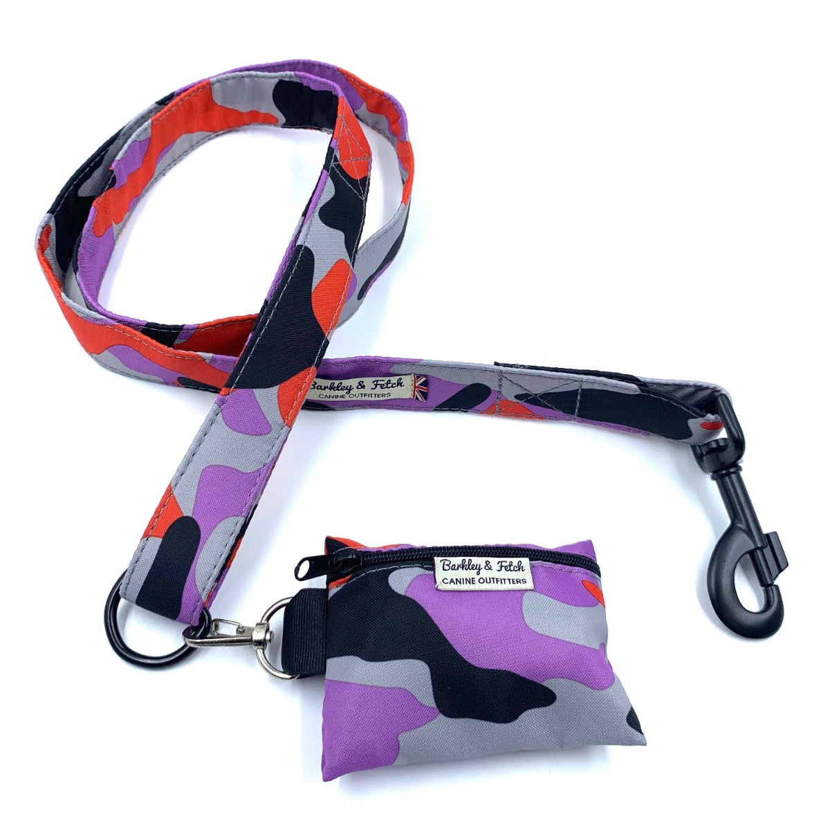 Dog leash and bag set with colorful pattern on a white background