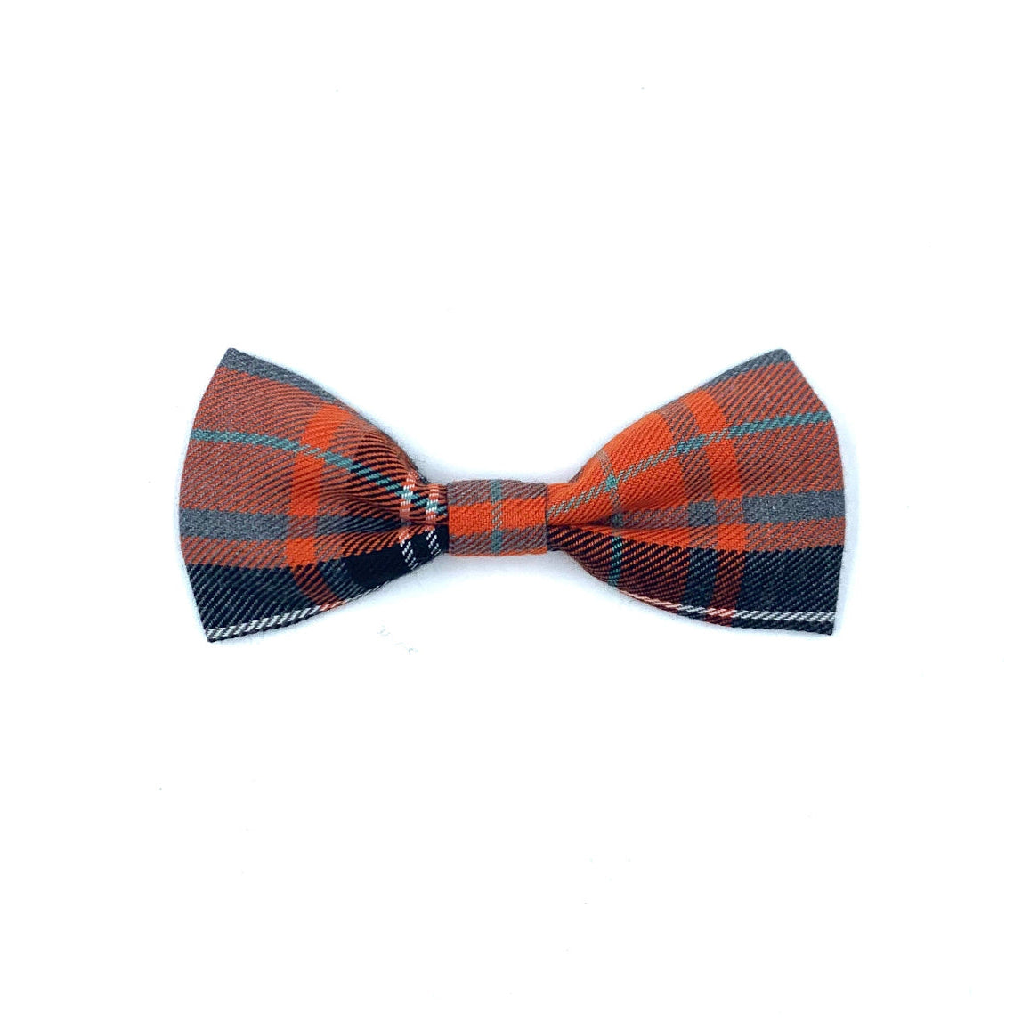 An orange and grey tartan bow tie for dogs displayed on a neutral background.