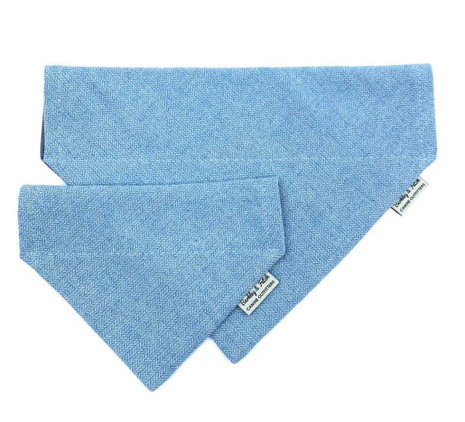 Two blue bandanas on a white background handmade by Barkley and Fetch UK