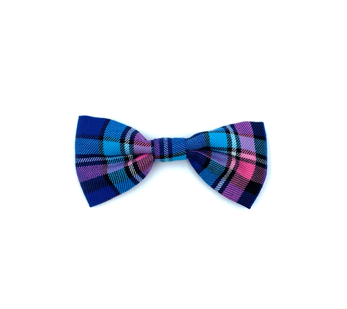 A pink and blue check dog bowtie on a white background.