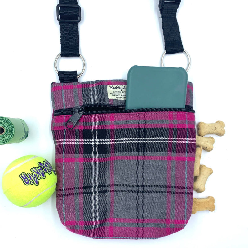 Plaid dog treat pouch with tennis ball and bones on a white background. Handmade by Barkley and Fetch on our UK workshop