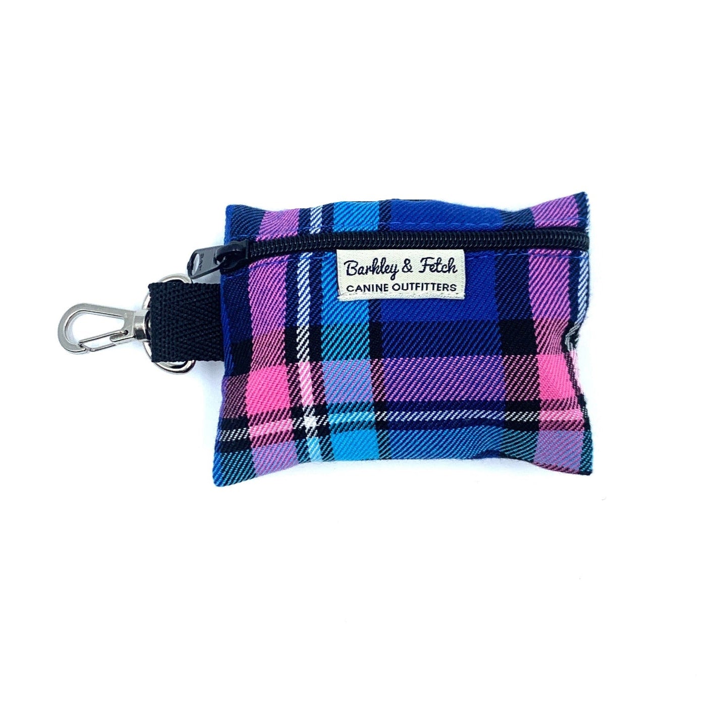 Plaid dog waste bag holder with a visible brand label on a white background