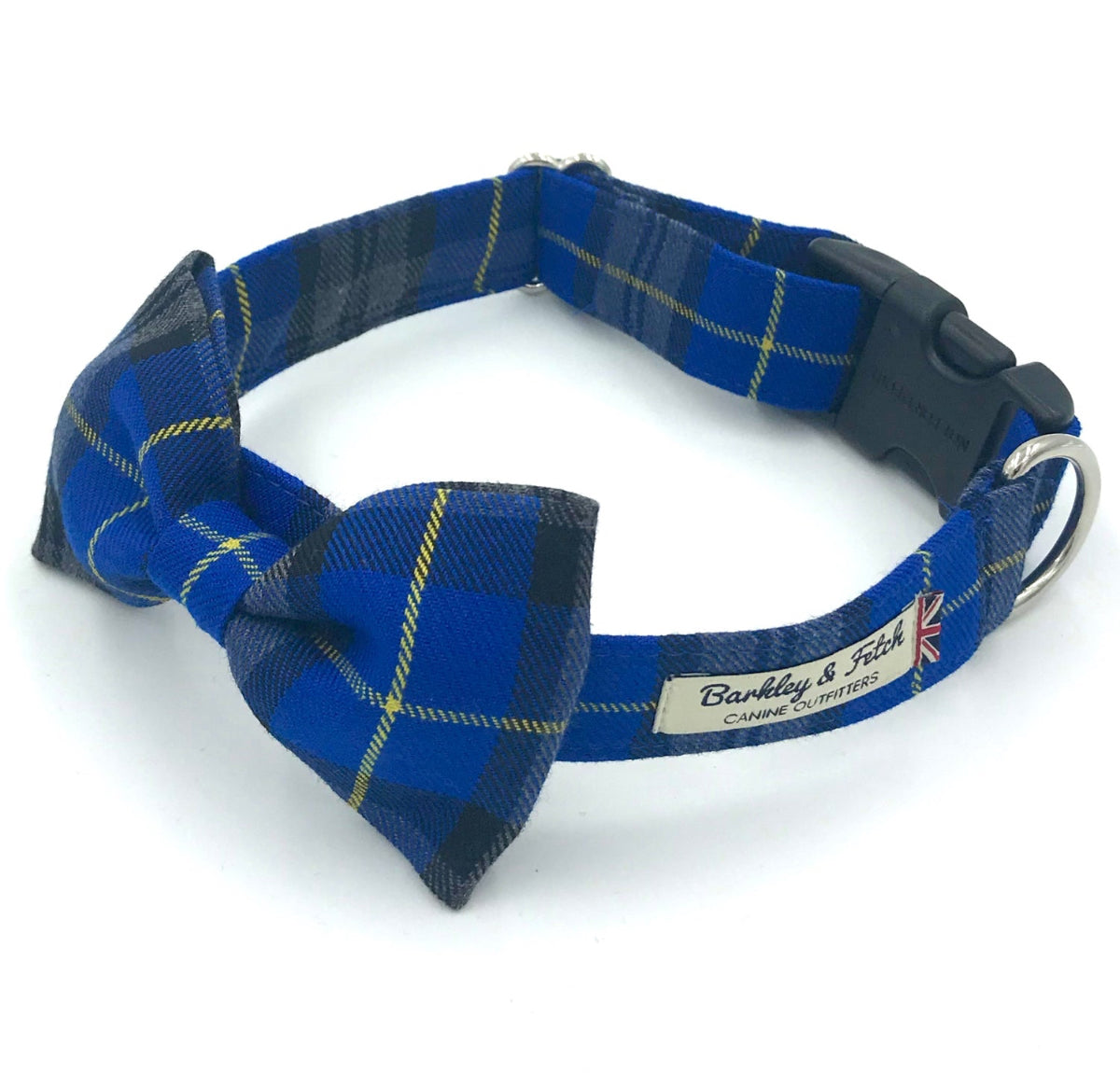 Blue plaid dog collar with bow tie on a white background
