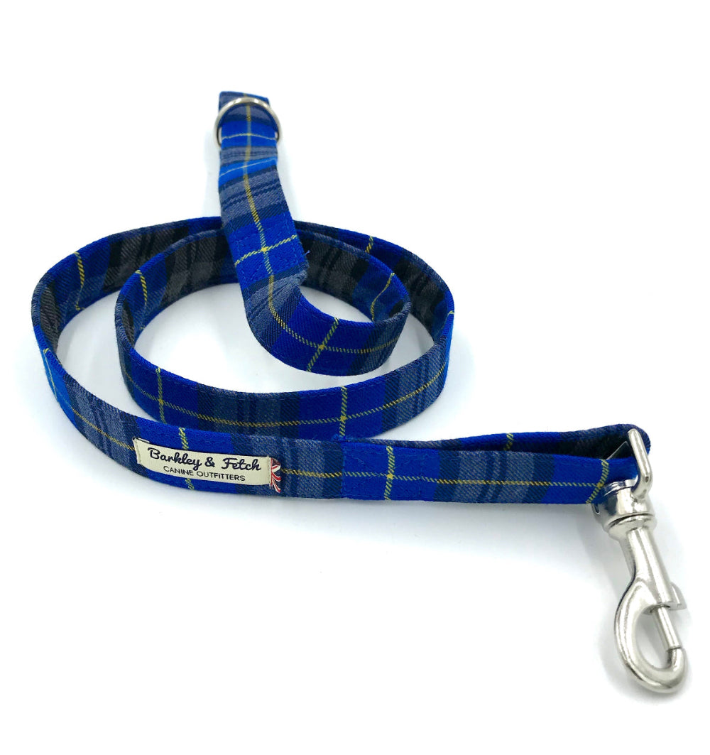 royal blue tartan dog lead coiled up on a white background. Handmade in the Uk by Barkley and Fetch