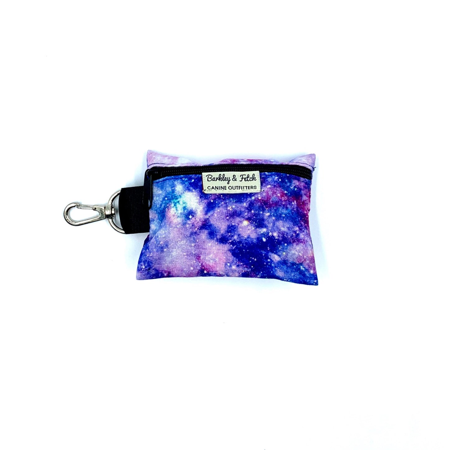 Galaxy-patterned pouch with a keychain on a white background