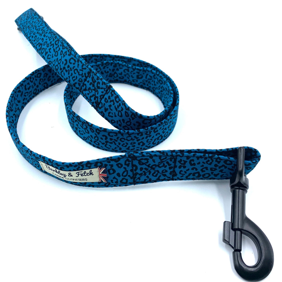 A teal leopard print dog lead with a metal trigger hook and a D-ring on the handle handmade in the UK by Barkley And Fetch