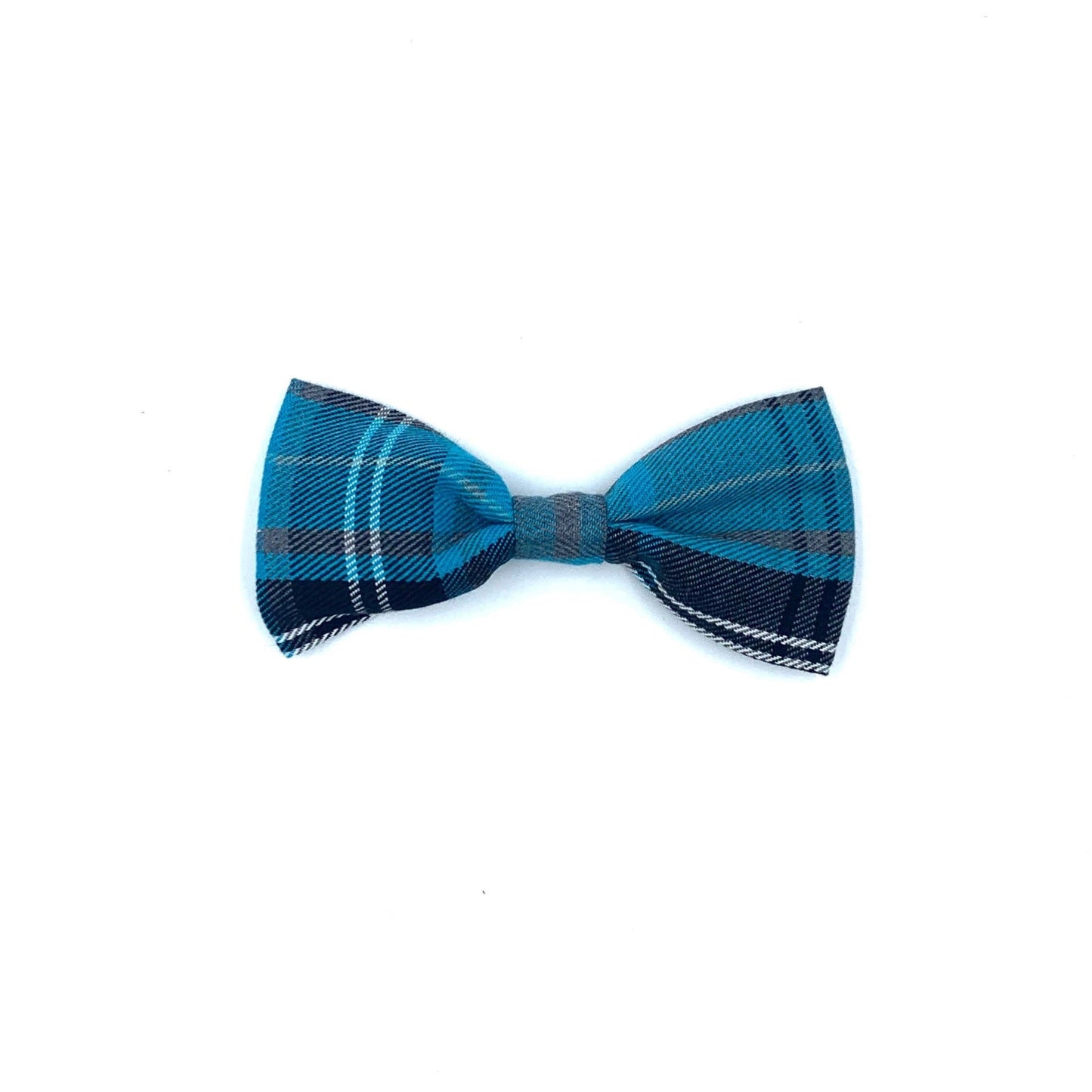 A turquoise and grey tartan dog bow tie.