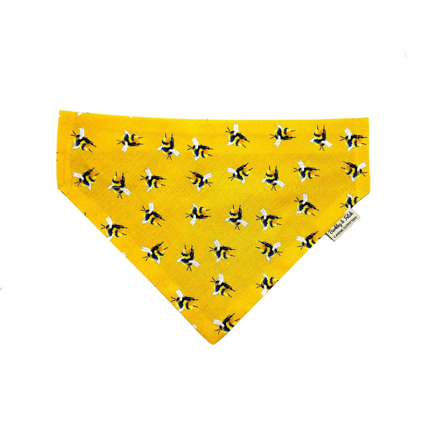 Handmade yellow bee print dog bandana that can thread through a collar