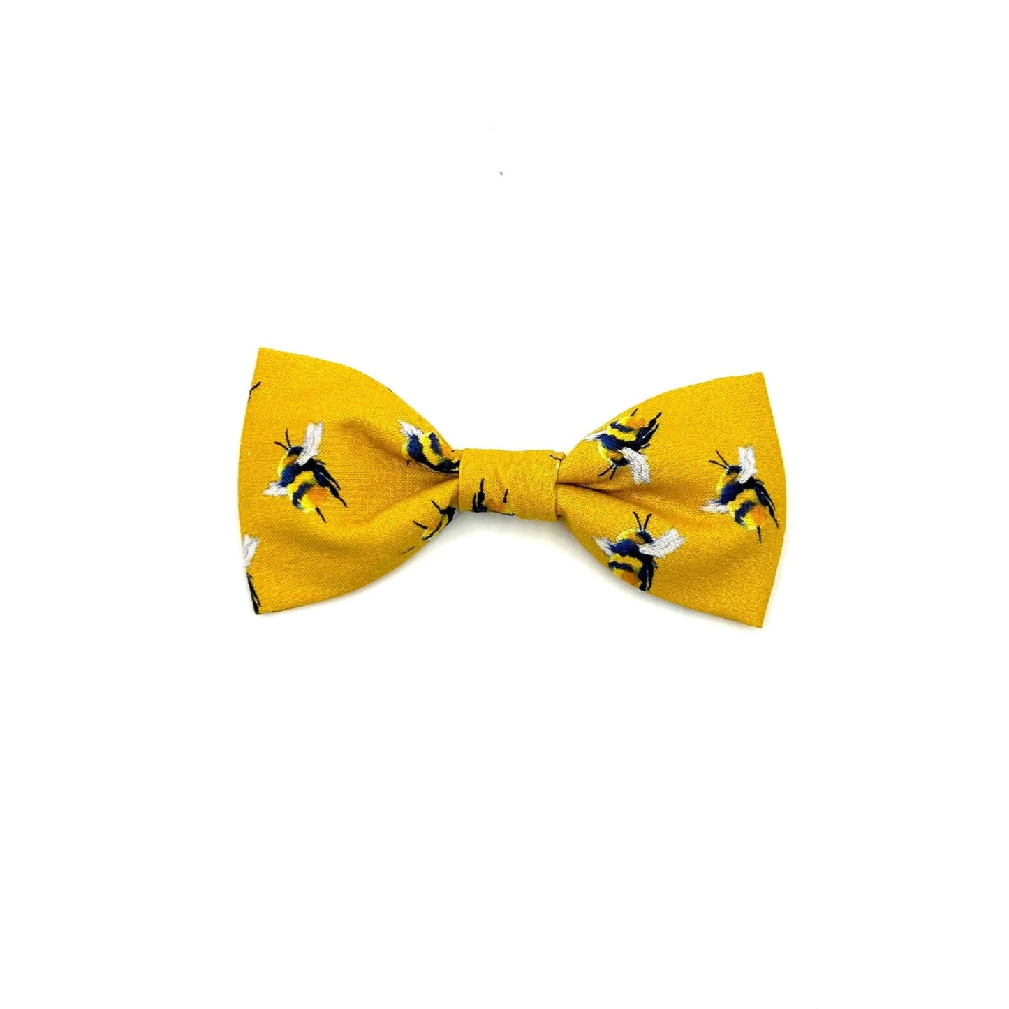 Stylish yellow bee print dog bowtie with elastic loops at the back to thread through a collar