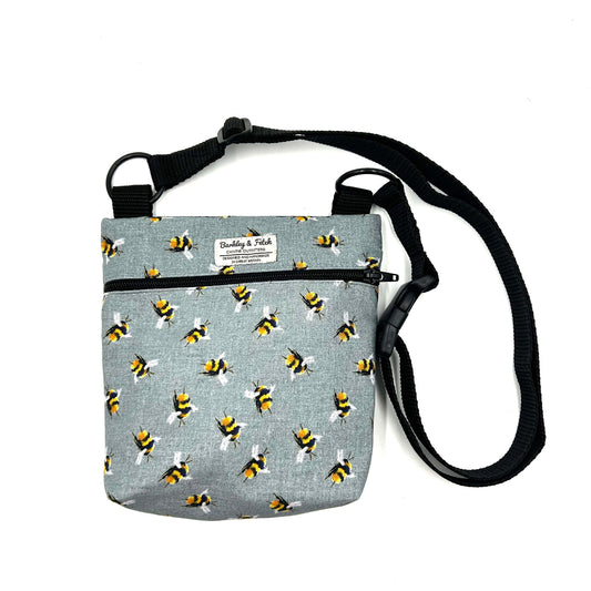 Handmade grey, black and yellow bee print shoulder bag with black strap for dog walking