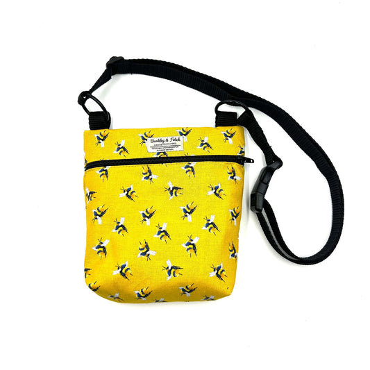 Handmade yellow and black bee print shoulder bag for dog walking