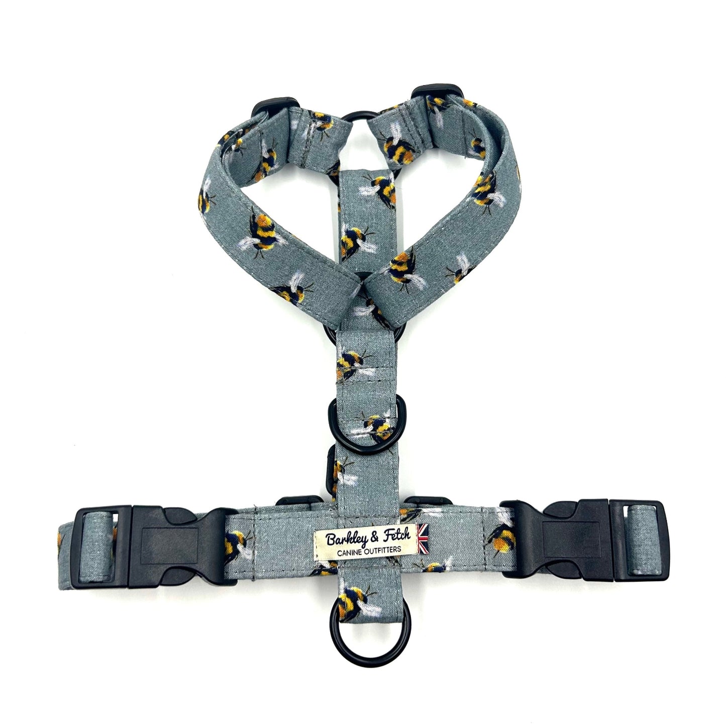 Handmade grey and yellow bee print strap harness for dogs