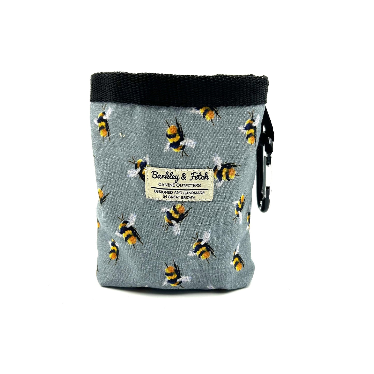 Handmade grey, black and yellow bee print dog treat bag with drawstring and attachable clip