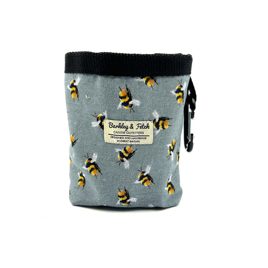 Handmade grey, black and yellow bee print dog treat bag with drawstring and attachable clip
