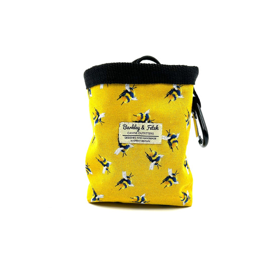 Beautiful handmade yellow and black bee print treat bag with drawstring and attachable clip
