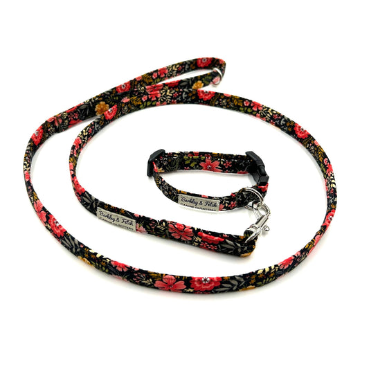 Cute handmade black ditsy floral print puppy collar and lead set