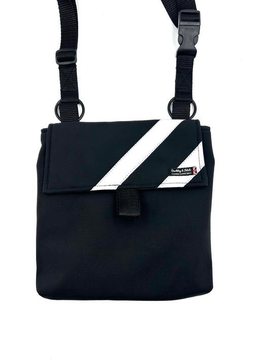 Handy black soft-shell fabric shoulder bag for dog walking with reflective stripe and hi-vis lining