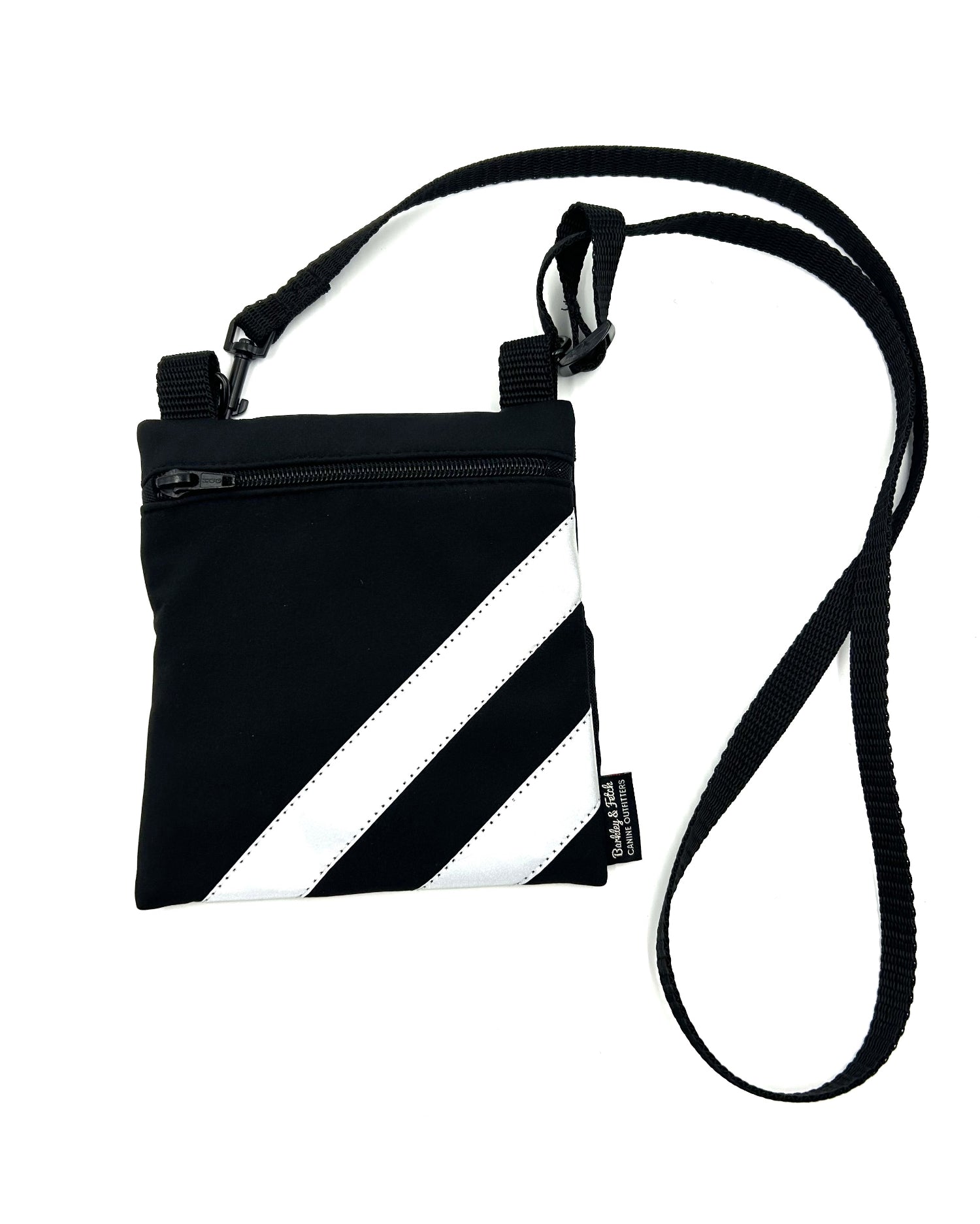 Handy black soft-shell fabric shoulder bag for dog walking with reflective stripe detail. Strap can be taken off as emergency lead