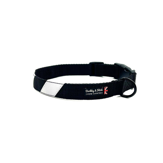 Stylish black webbing dog collar with reflective flash