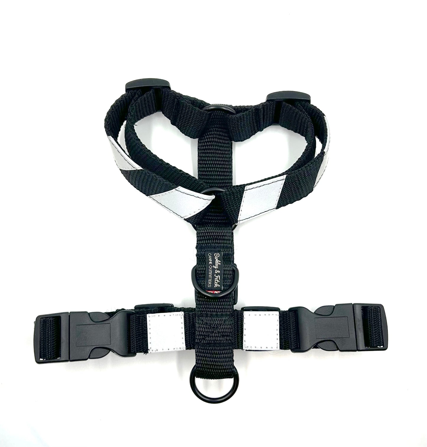 Handmade black webbing strap harness with reflective flashes for dogs