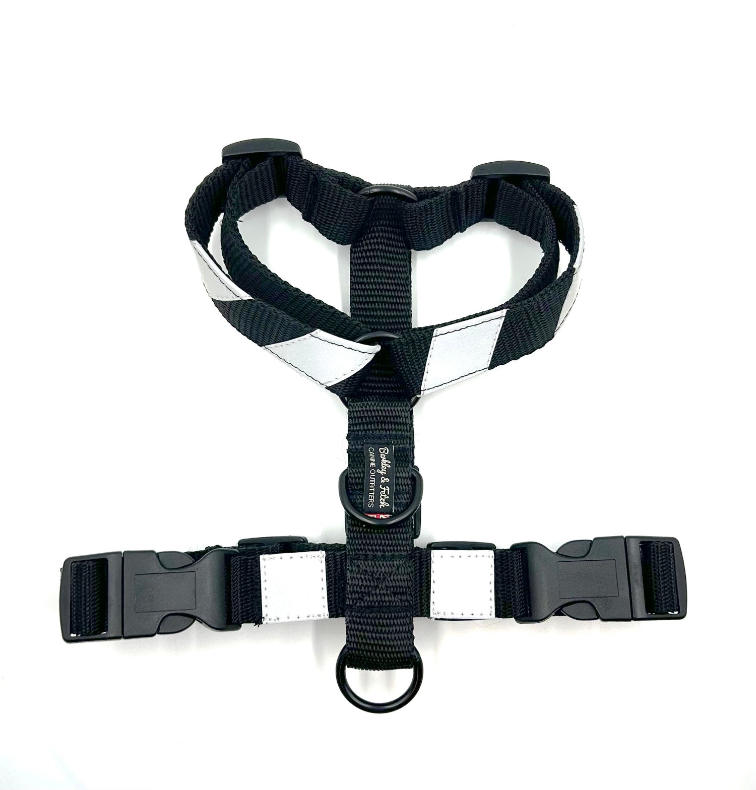 Handmade black webbing strap harness with reflective flashes for dogs