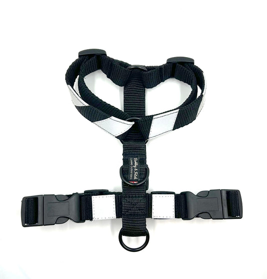 Handmade black webbing strap harness with reflective flashes for dogs