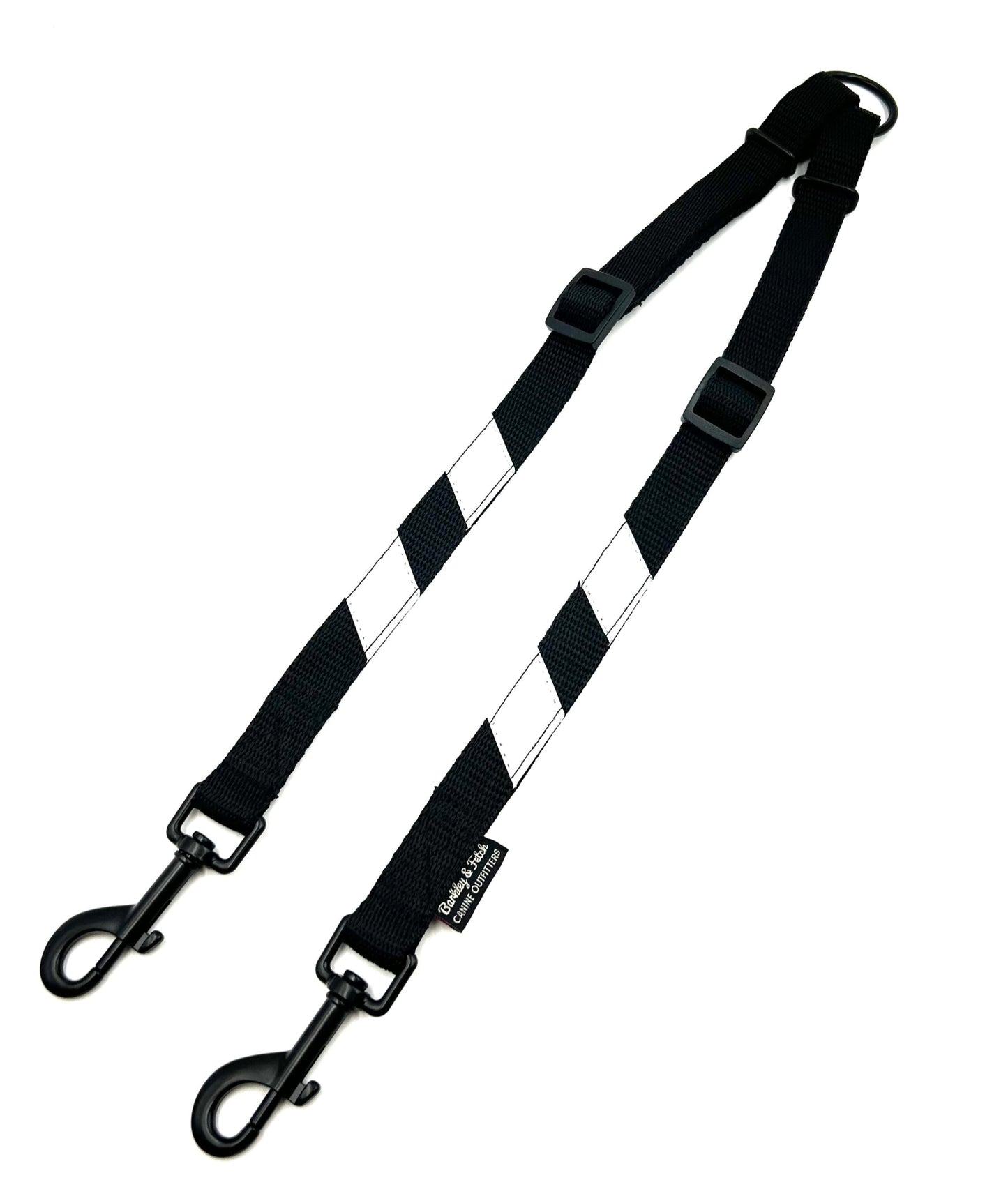 Handy black webbing splitter lead with reflective flashes, designed for walking 2 dogs with 1 hand 