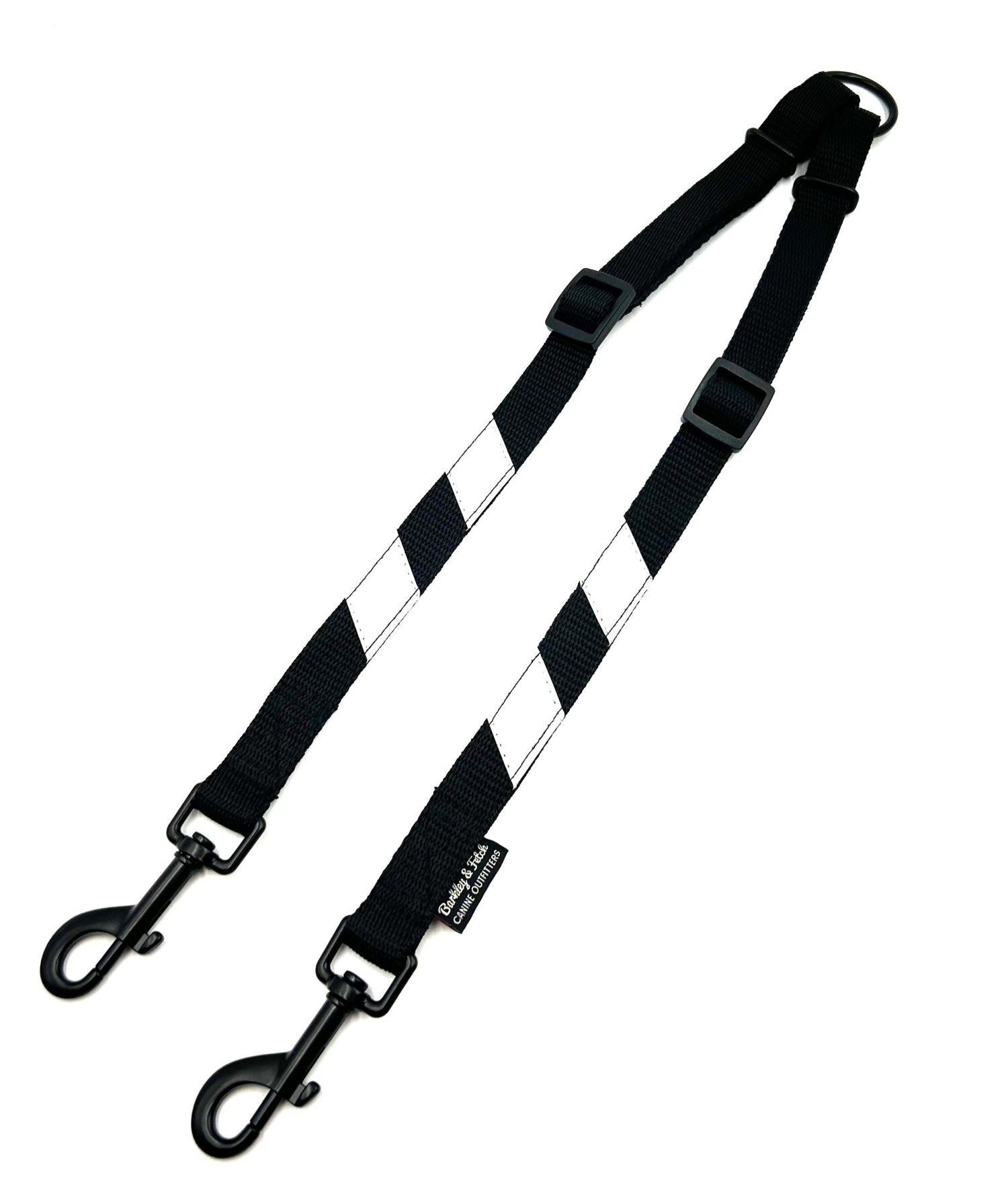 Handy black webbing splitter lead with reflective flashes, designed for walking 2 dogs with 1 hand 
