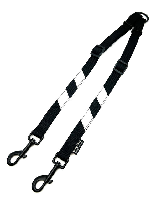 Handy black webbing splitter lead with reflective flashes, designed for walking 2 dogs with 1 hand 