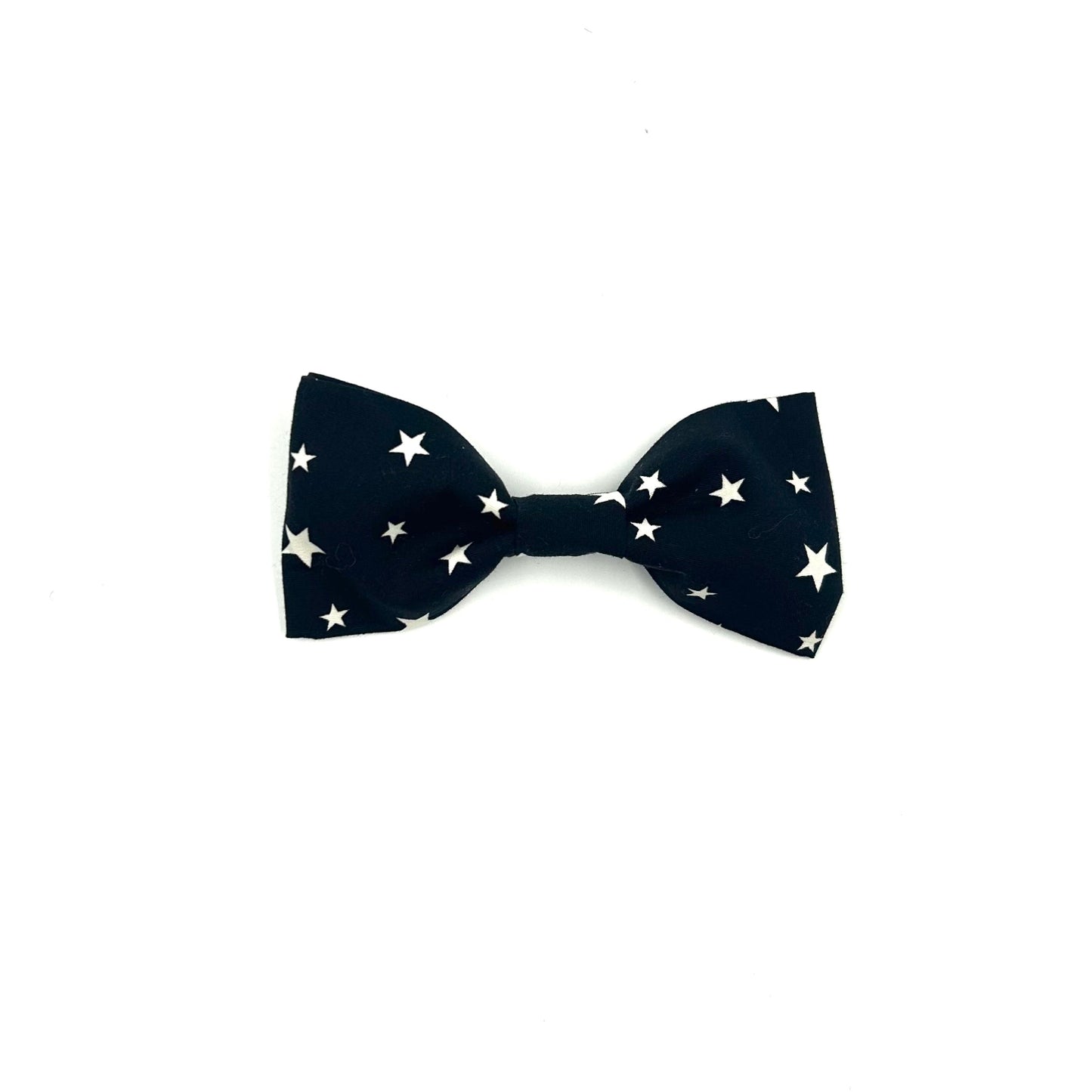 Stylish black start print dog bowtie with elastic loops at the back to thread through a collar