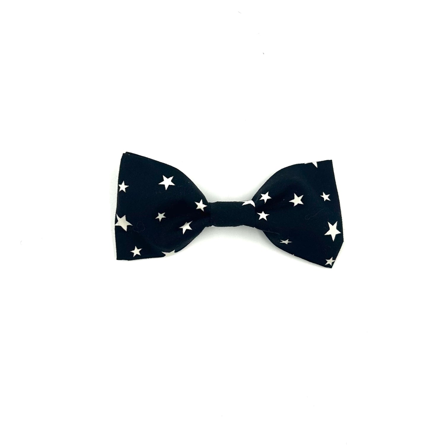 Stylish black start print dog bowtie with elastic loops at the back to thread through a collar